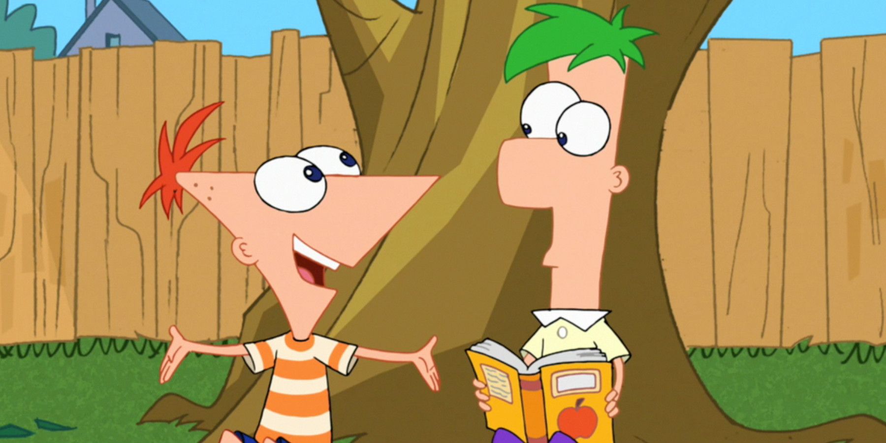 Phineas and Ferb talking in front of a tree