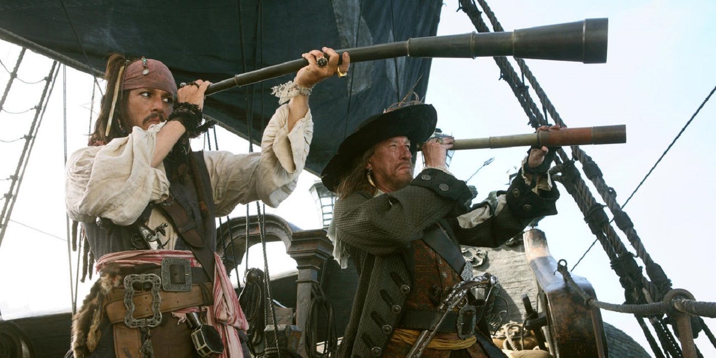 Jack and Barbosa using spyglasses in Pirates of the Caribbean: At World's End
