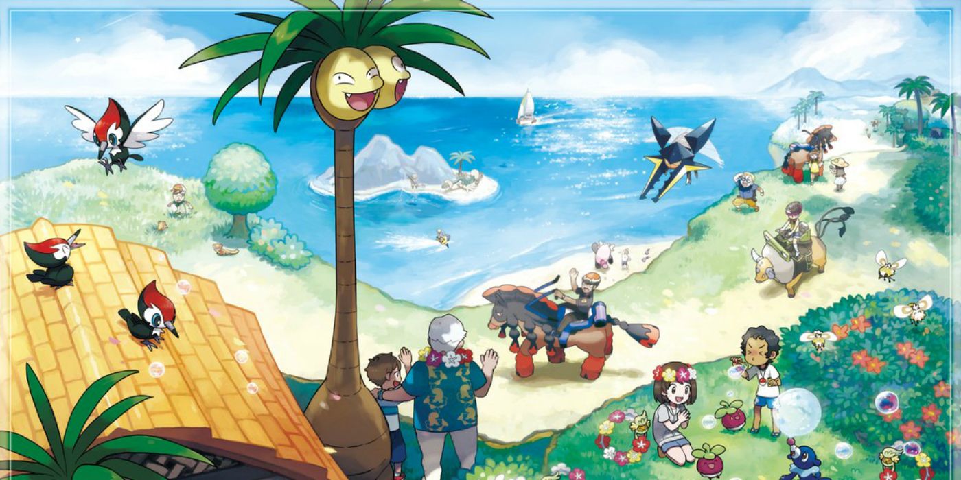 Alola Landscape image of cliff overlooking the sea with a beach below and NPCs playin gwith, riding and interacting with various Pokemon
