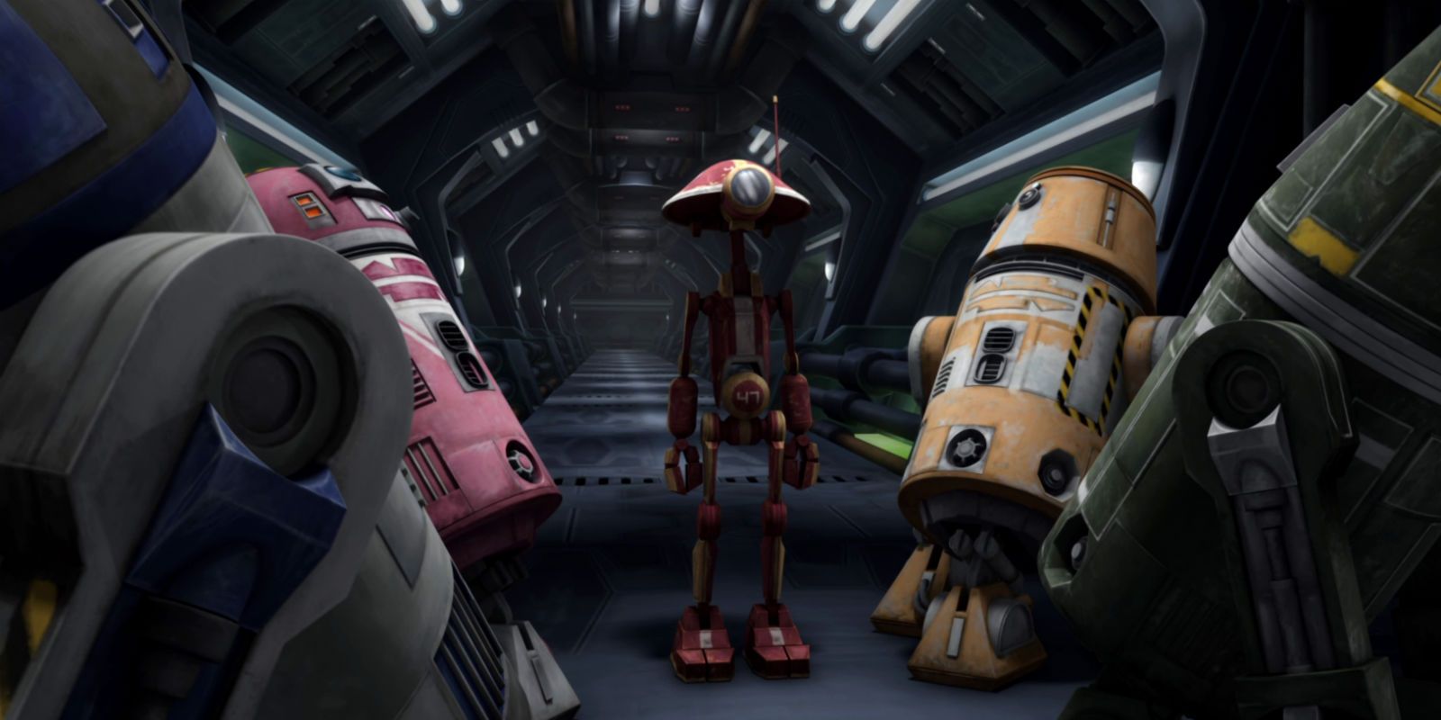 R2-D2 among the members of D-Squad in Star Wars The Clone Wars Television Show