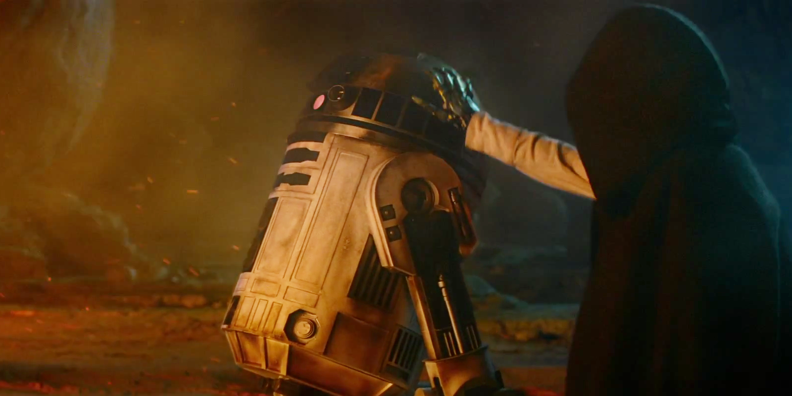 R2-D2 and Luke Skywalker in The Force Awakens