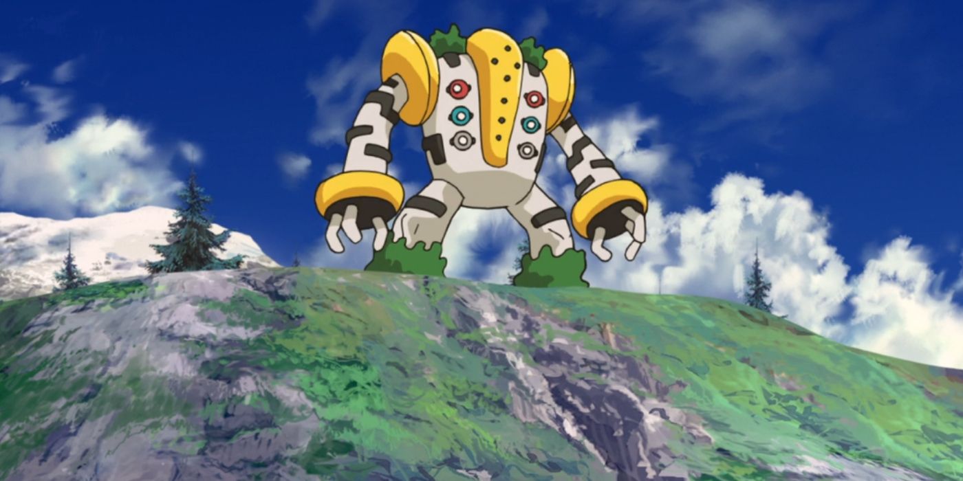 Regigigas standing atop a hill in Pokémon.