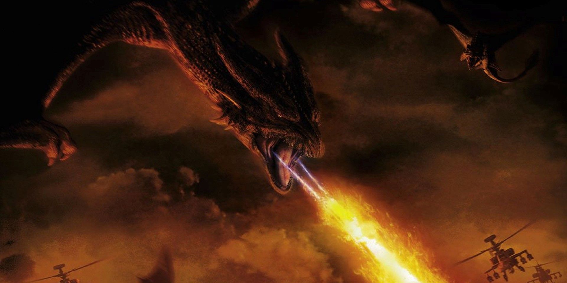 A dragon breathing fire at helicopters in Reign of Fire