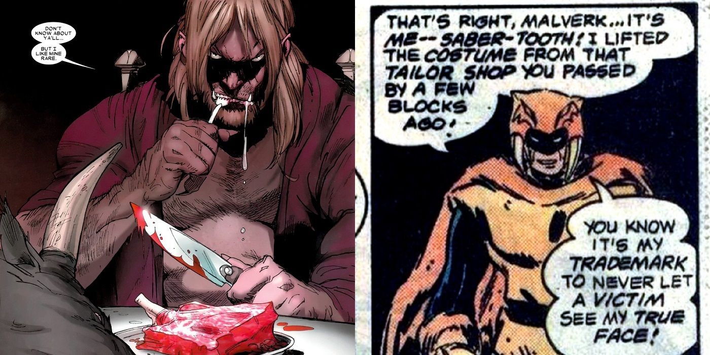 Sabretooth the Marvel villain eating a raw steak, and Sabre-Tooth from DC's Flash comics