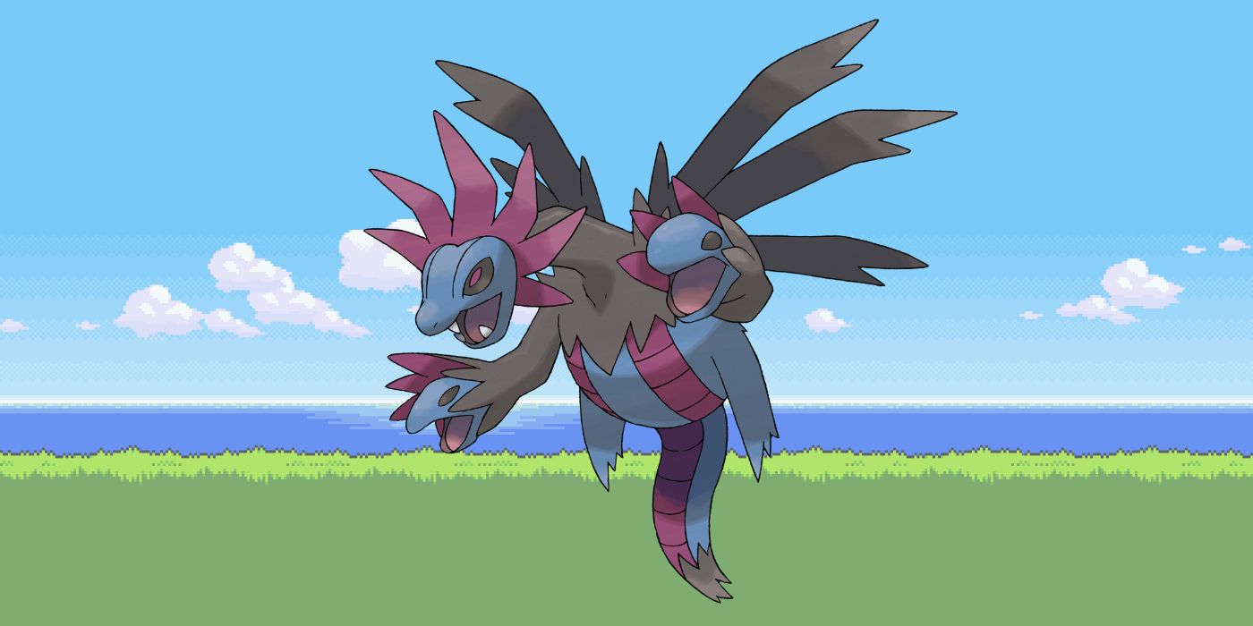 Hydreigon flying over the green land in the Pokemon anime.