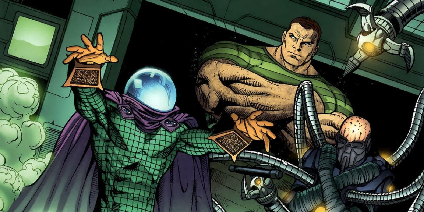 Mysterio, Doctor Octopus, and the Sandman of the Sinister Six attack