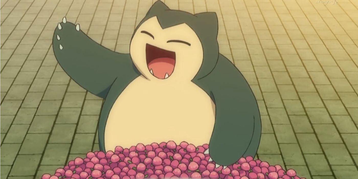 A Snorlax happily eating berries in the Pokémon anime.