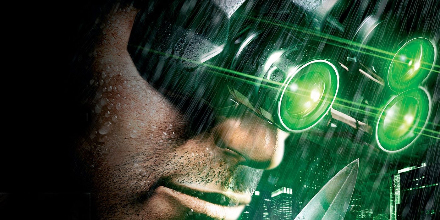 Splinter Cell Chaos Theory promotional photo of Sam Fisher with night vision goggles on