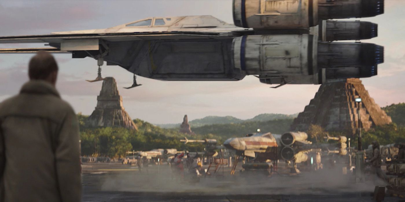 A U-Wing takes off from Yavin 4 in Star Wars: Rogue One.