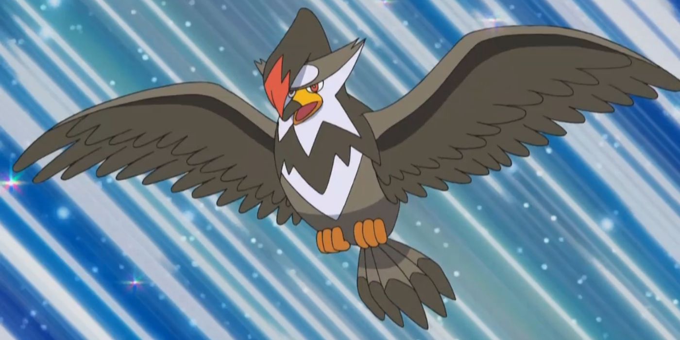 Ash's Staraptor flying in the Pokémon anime