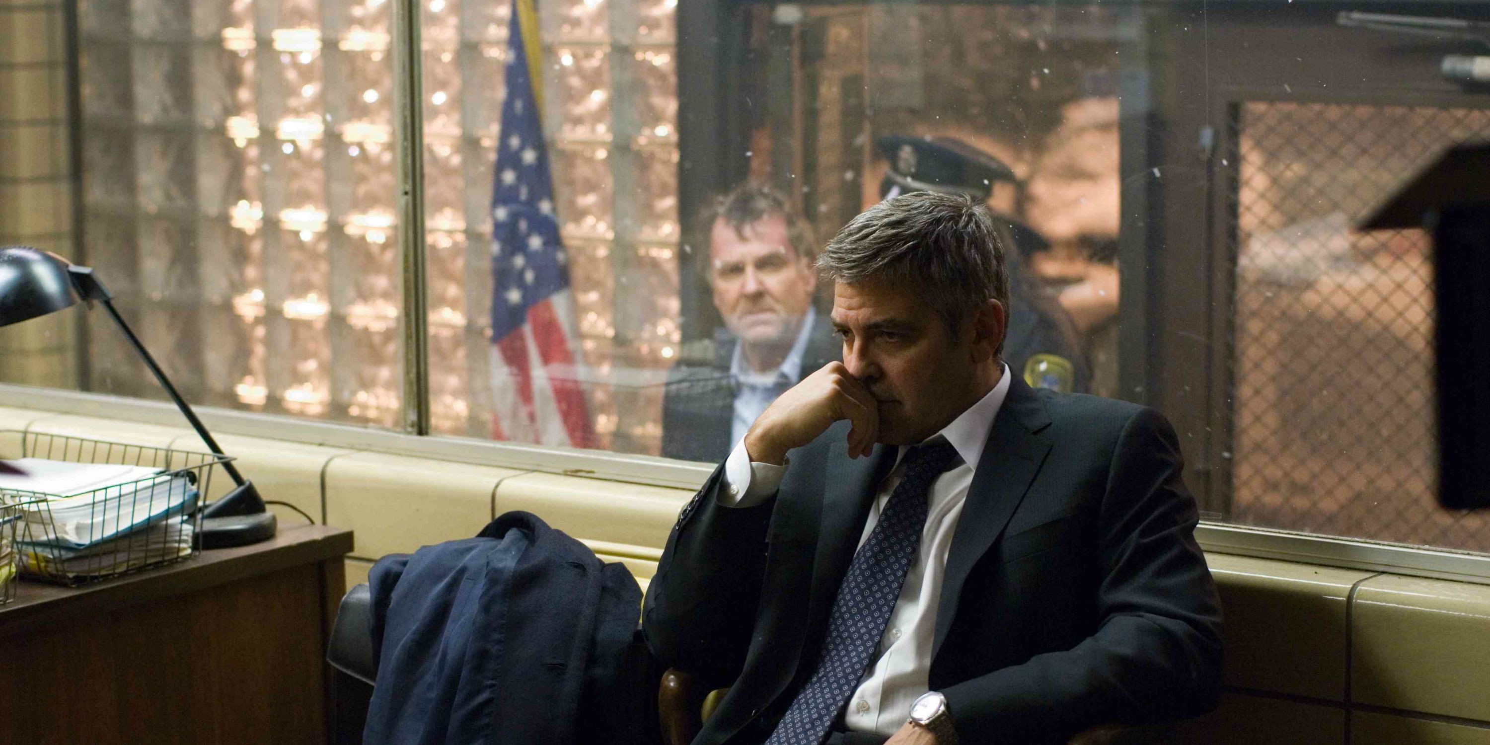 Tom Wilkinson as Arthur Stares at George Clooney as Michael in Michael Clayton