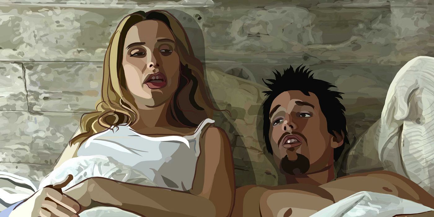 Céline and Jesse talk in bed in Waking Life.