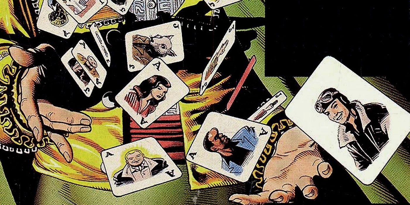 A character levitates cards from the cover of Wild Cards Volume 1.