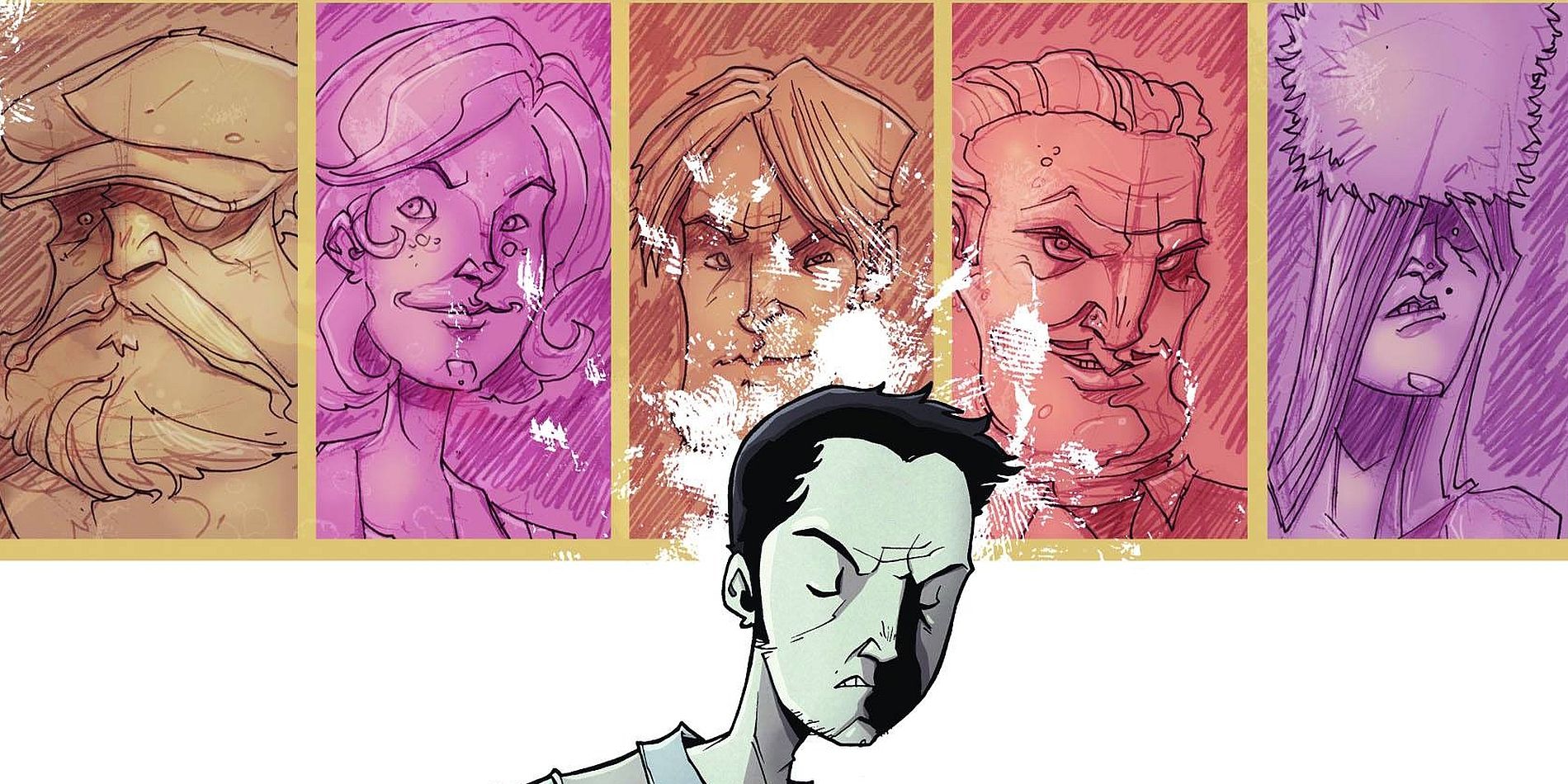 Chew Comic Image of the protagonist in front of a multicolored facade of other characters.