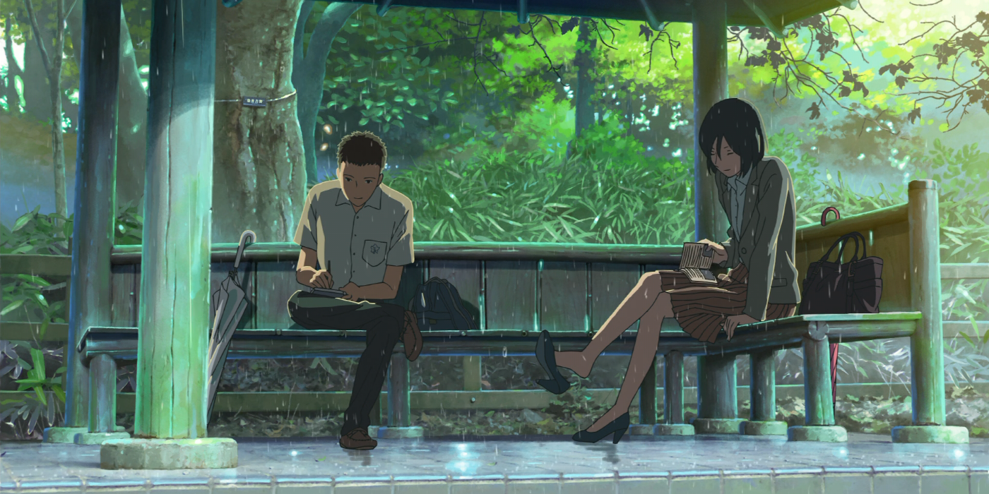 Two characters talking on a bench in The Garden Of Words.