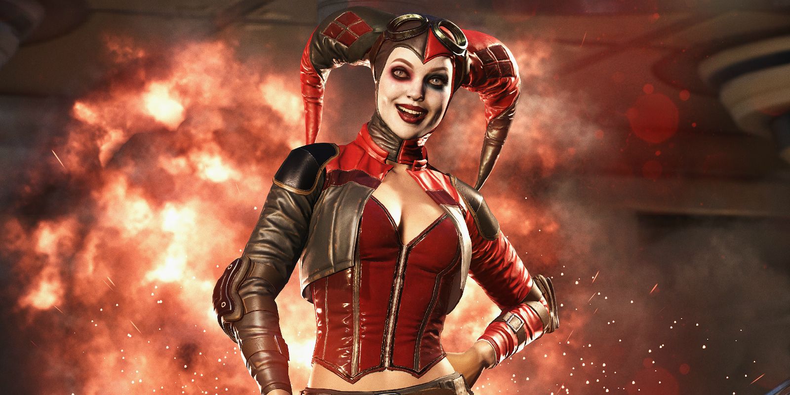 Harley Quinn in front of an explosion in Injustice 2