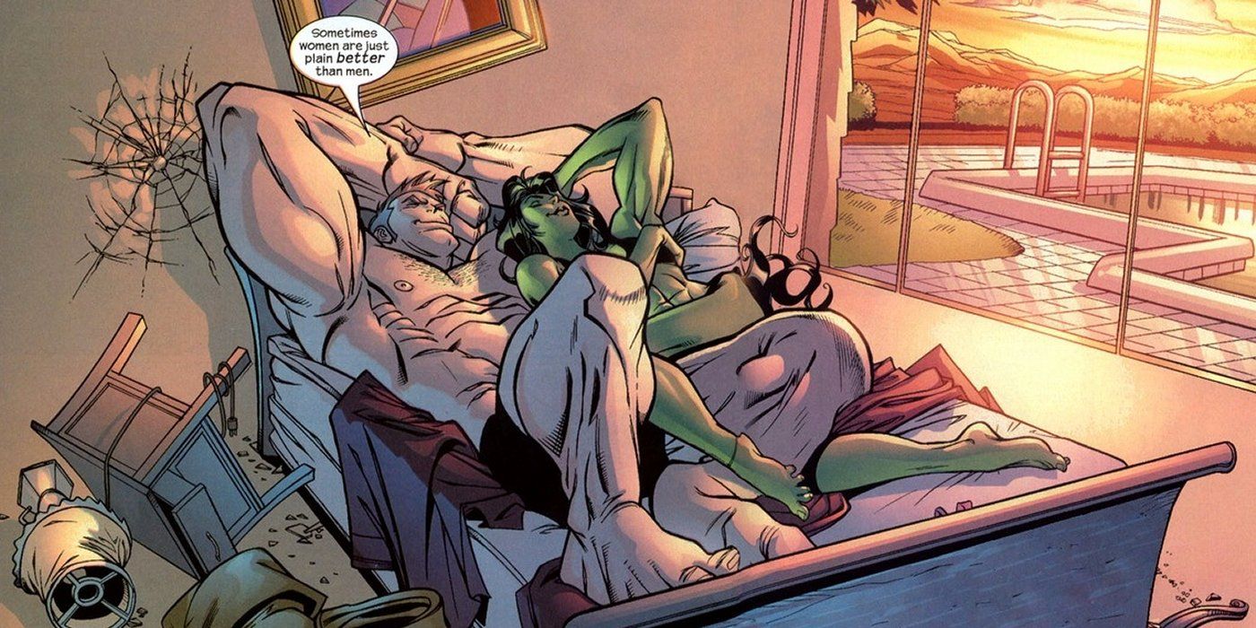 Juggernaut and She-Hulk on a bed; Juggernaut says &quot;Sometimes women are just plain better than men&quot;