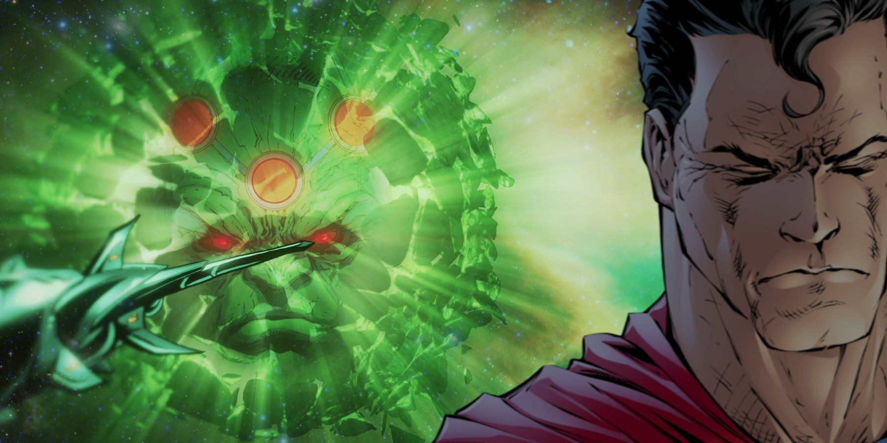 An image of Krypton exploding with Superman turned away from it