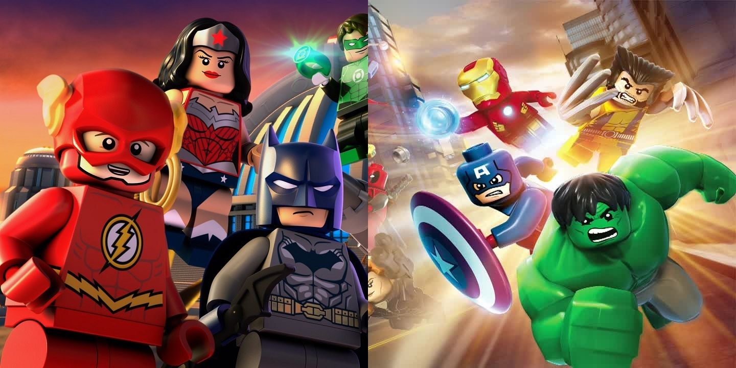 LEGO DC vs Marvel with Flash, Wonder Woman, Batman, Green Lantern, Hulk, Captain America, Iron Man and Wolverine