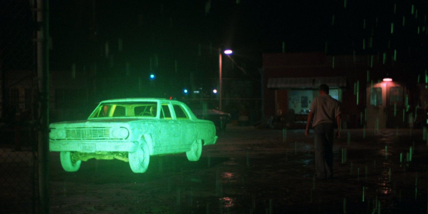 A neon lit car in Repo Man