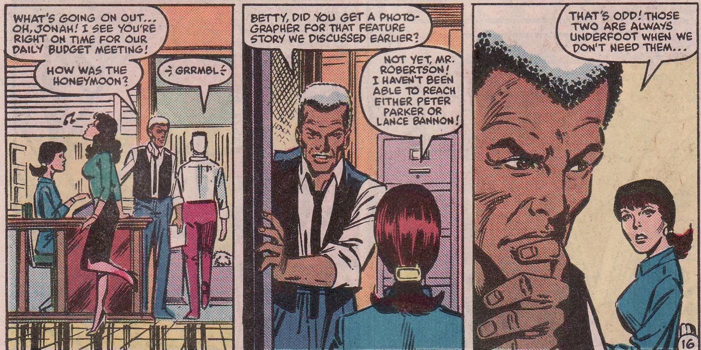 Robbie Robertson talks to Betty Brant in Marvel Comics.