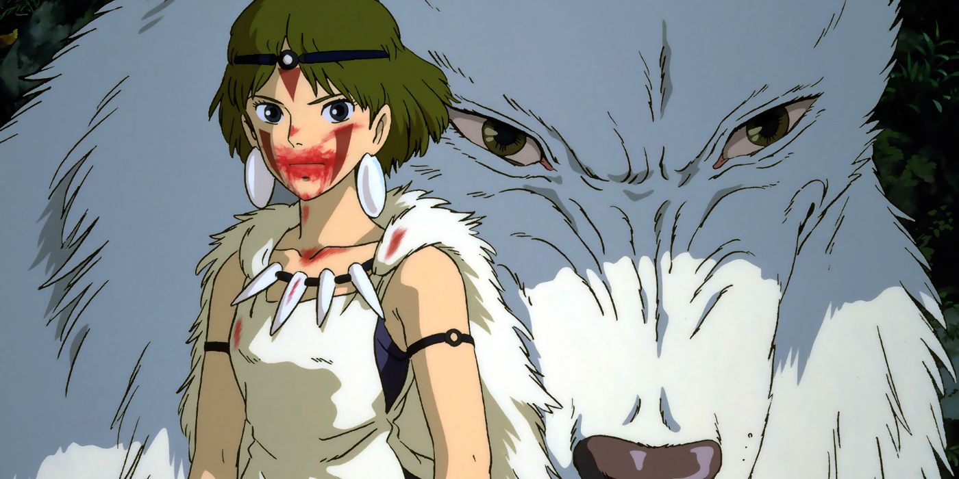 San looks down while a large white wolf stands behind her Princess Mononoke