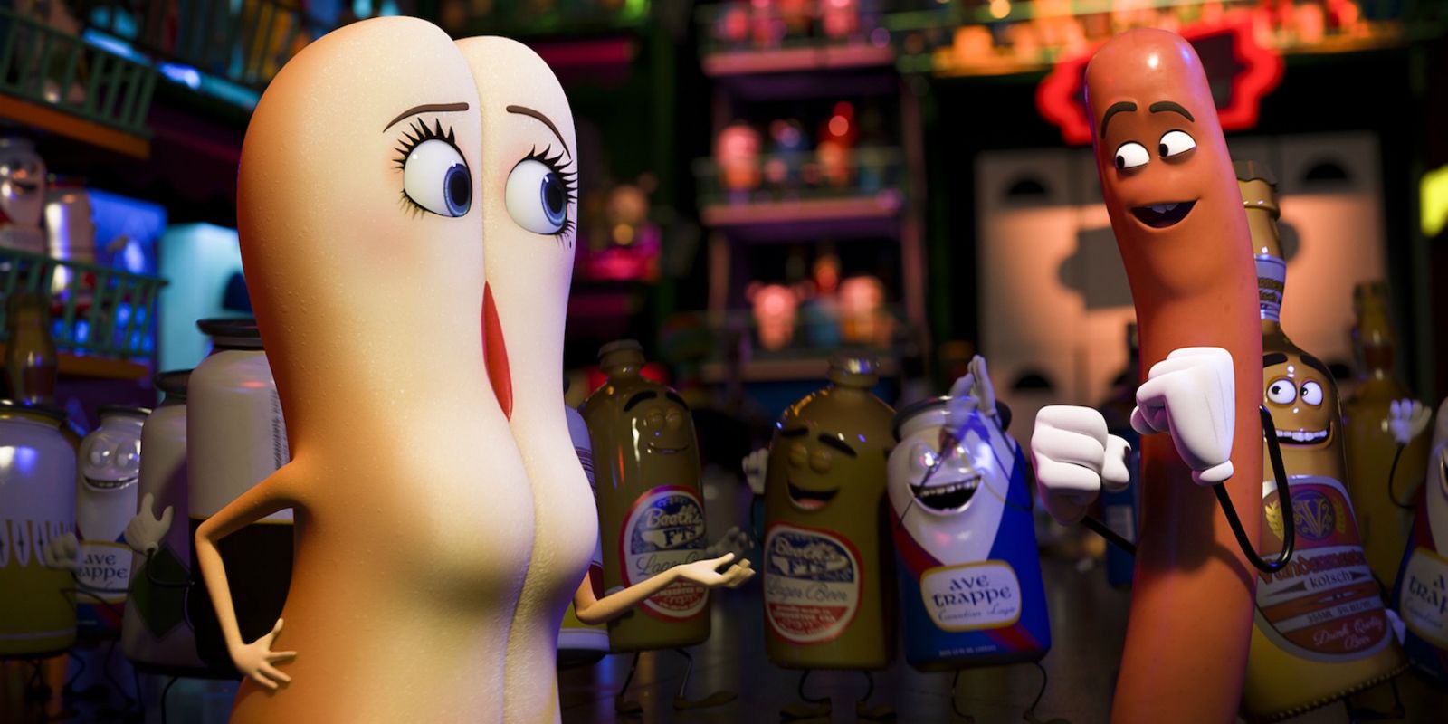A hot dog talks to a bun in Sausage Party