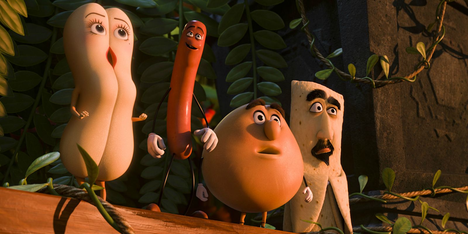 The Sausage Party characters look amazed in a forest.