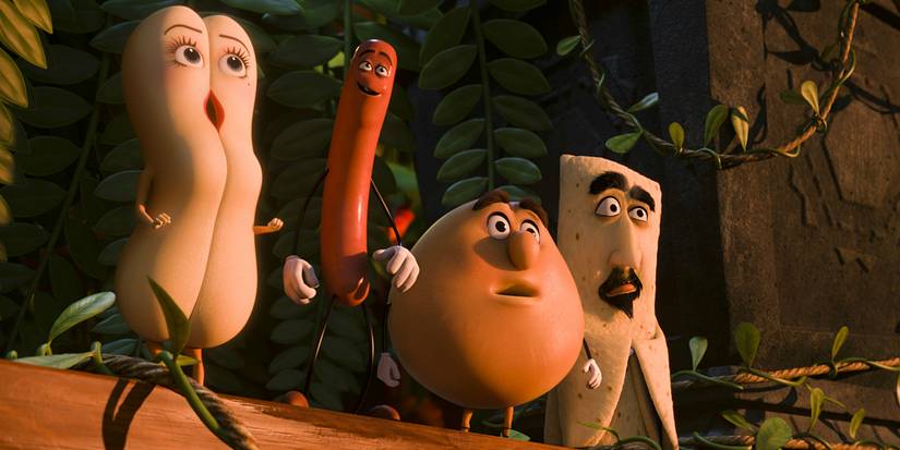 Brenda, Frank, Sammy, and Kareem look amazed while standing in the jungle in Sausage Party