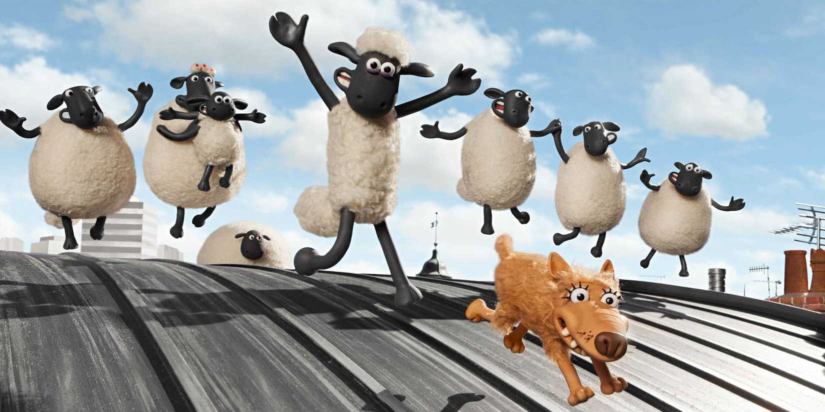 Shaun and a flock of sheep running after a dog.