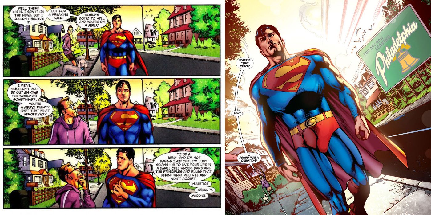 Superman walking on a sidewalk in Grounded