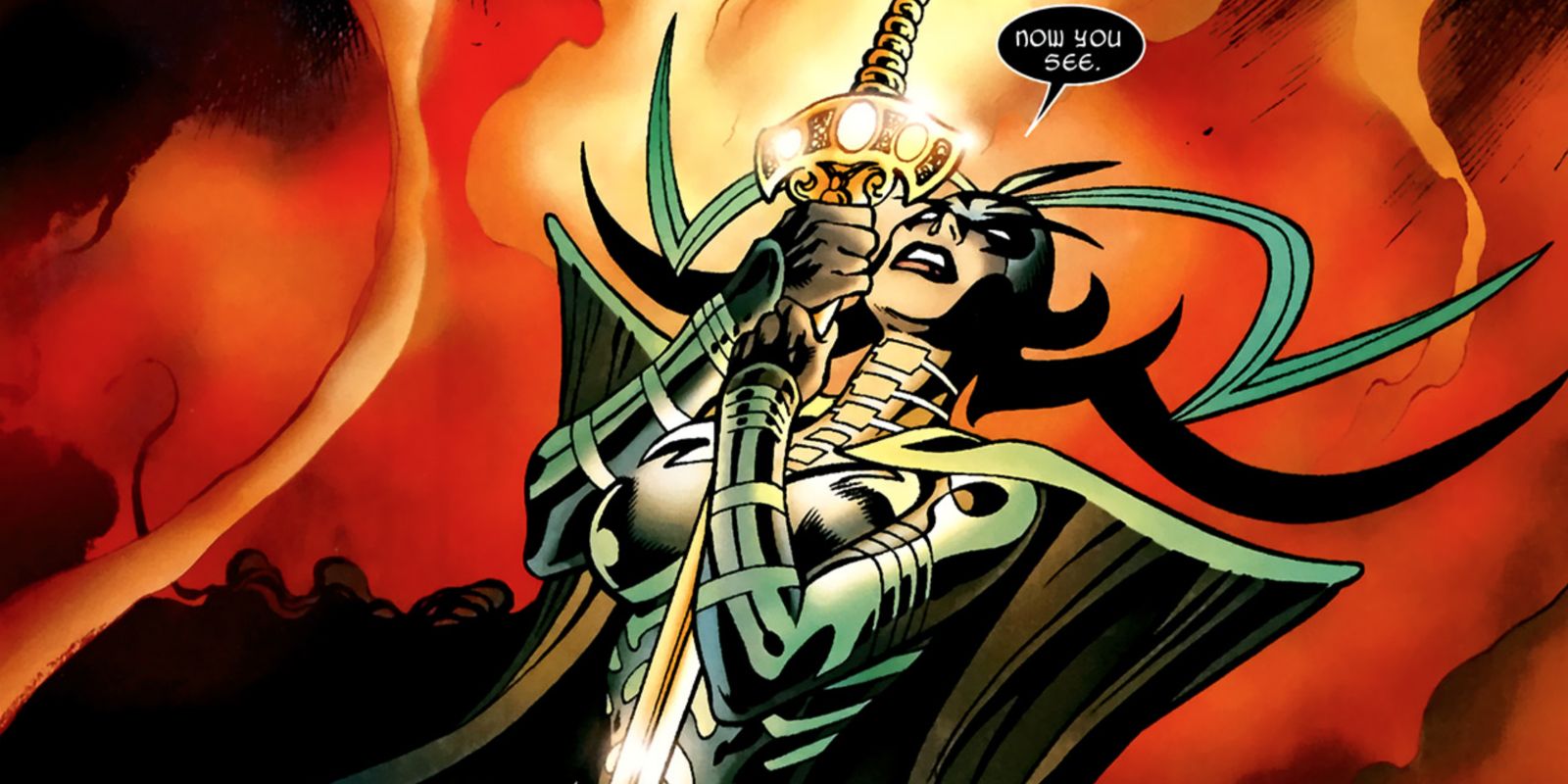 Hela clutching sword in Marvel Comics