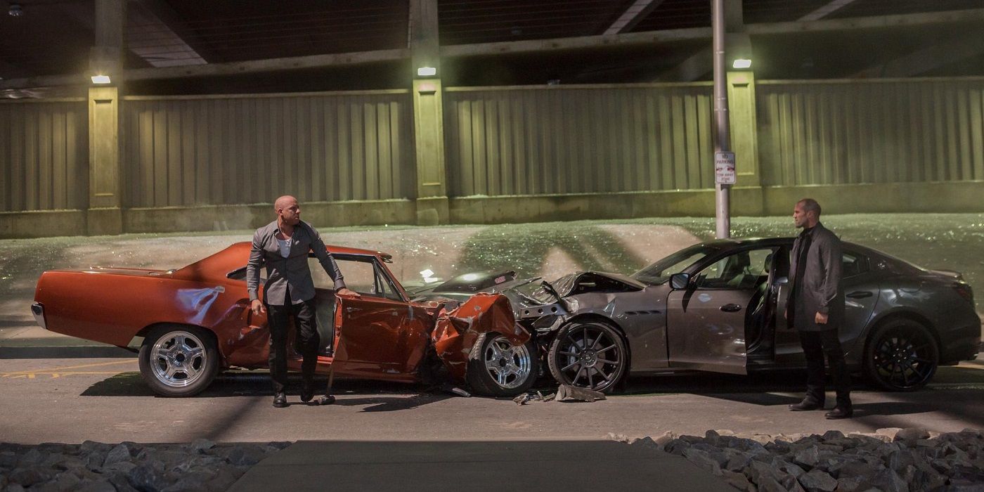 Dom and Deckard facing on the street in Furious 7.