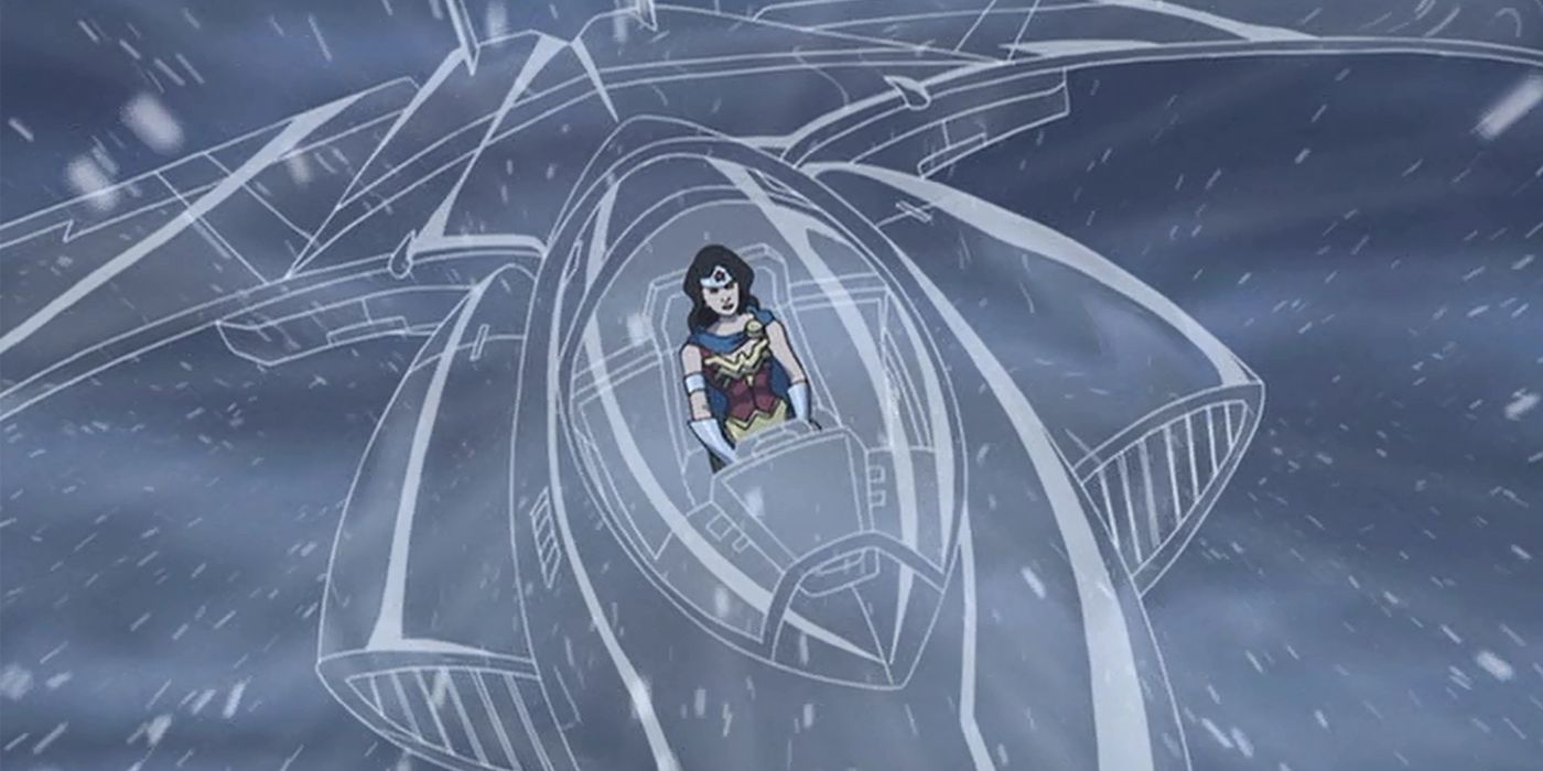 Wonder Woman flying the Invisible Jet in a snowstorm