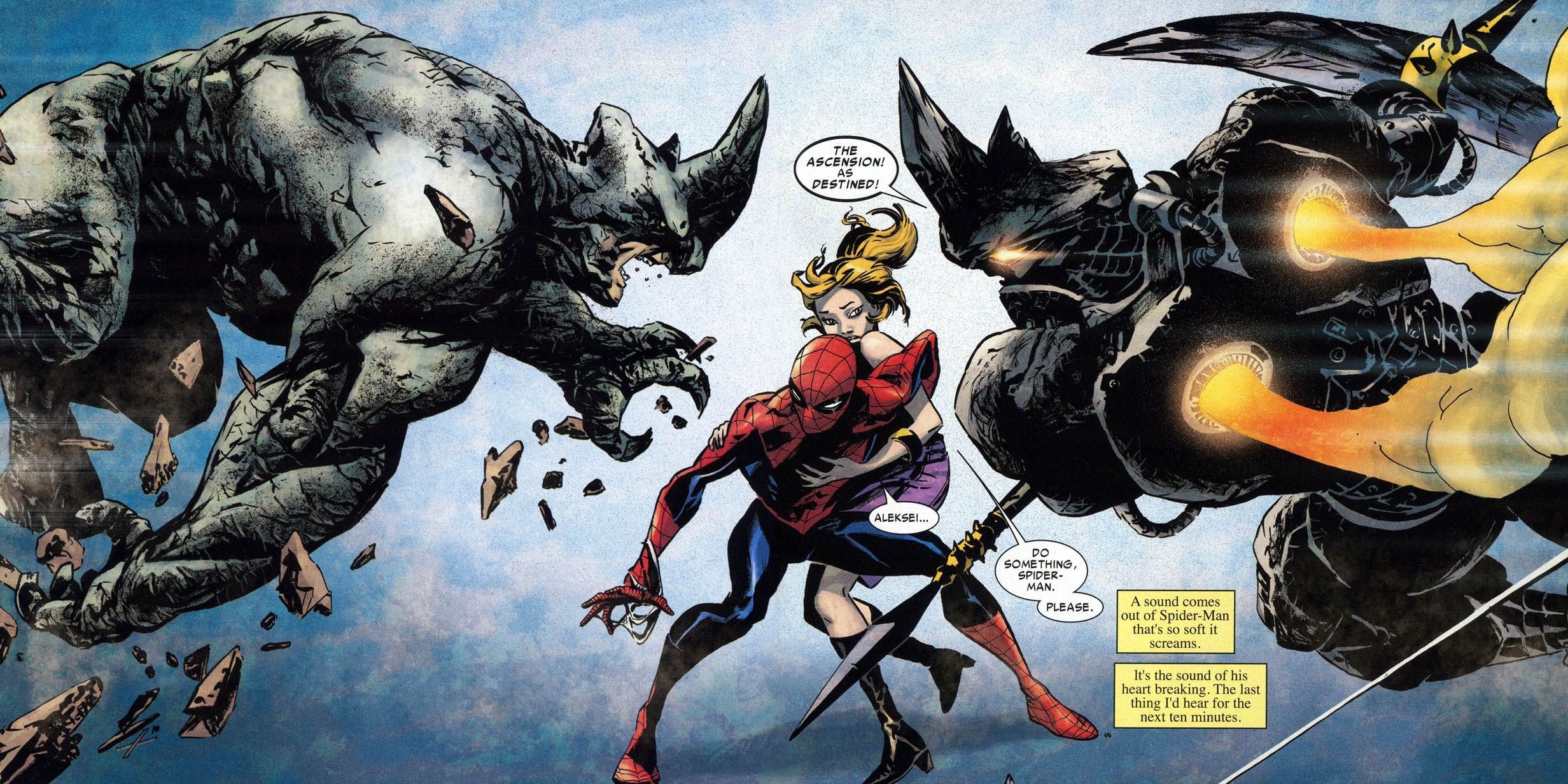 Spider-Man and two Rhinos