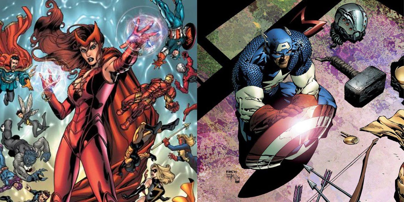 Split image of Scarlet Witch and Captain America during the Avengers Dissasembled storyline
