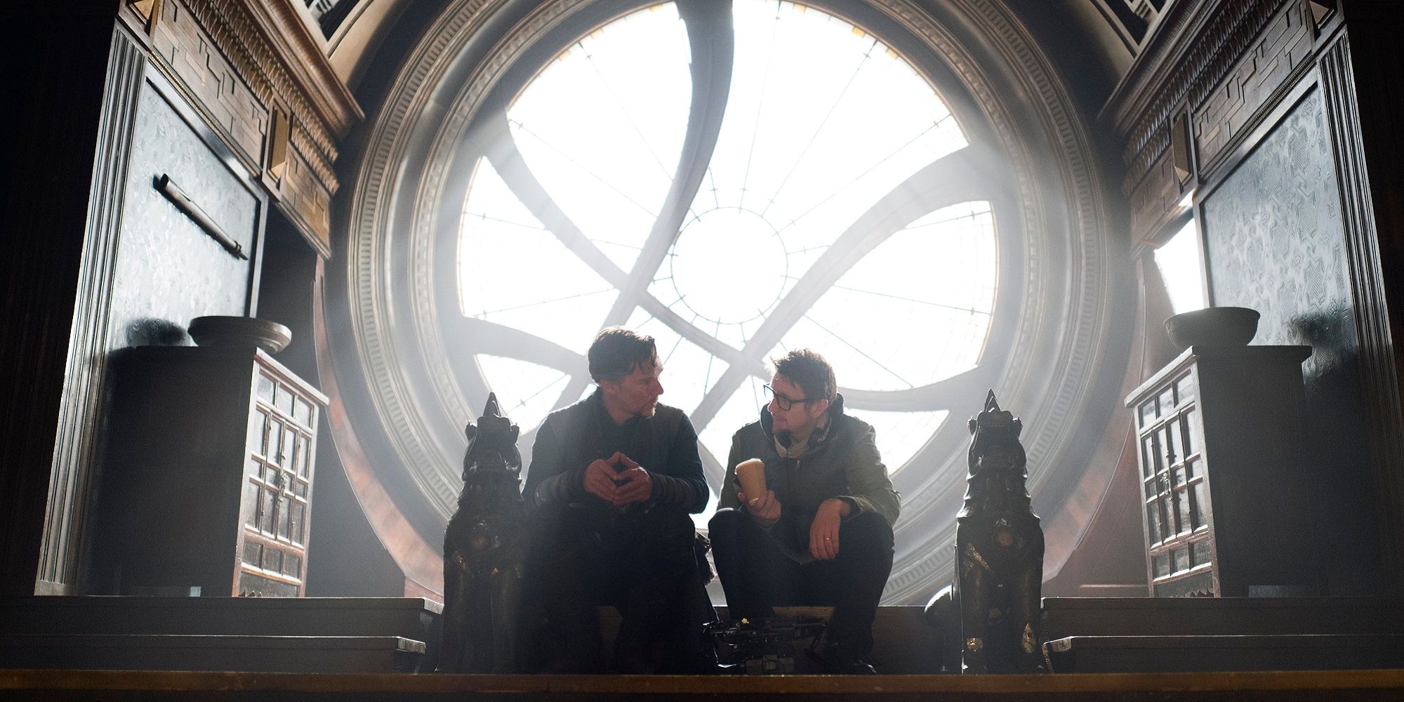 Benedict Cumberbatch and Scott Derrickson on the set of Doctor Strange