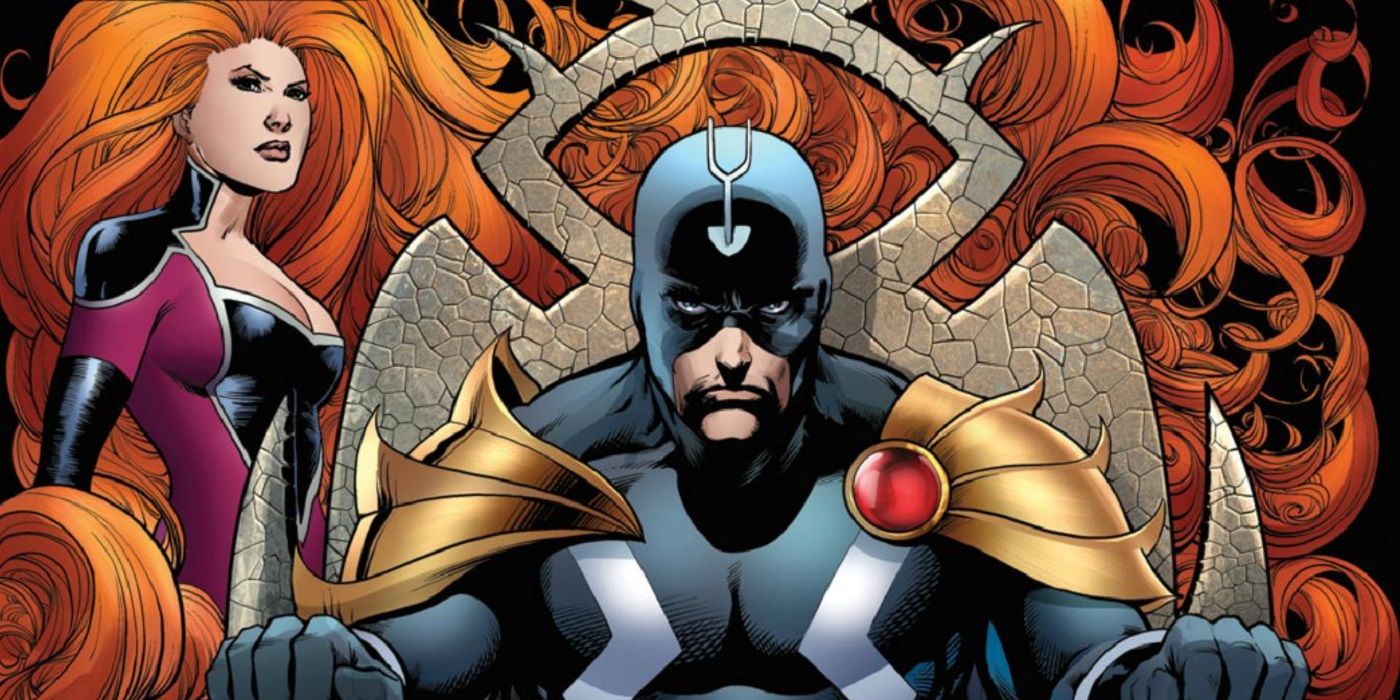Black Bolt sitting on a throne surrounded by Medusa and her hair