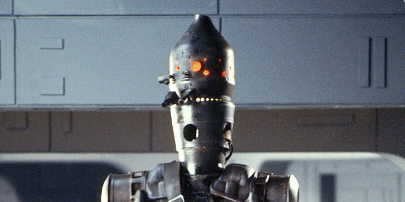 IG-88 stands in the lineup of bounty hunters aboard the Executor in The Empire Strikes Back