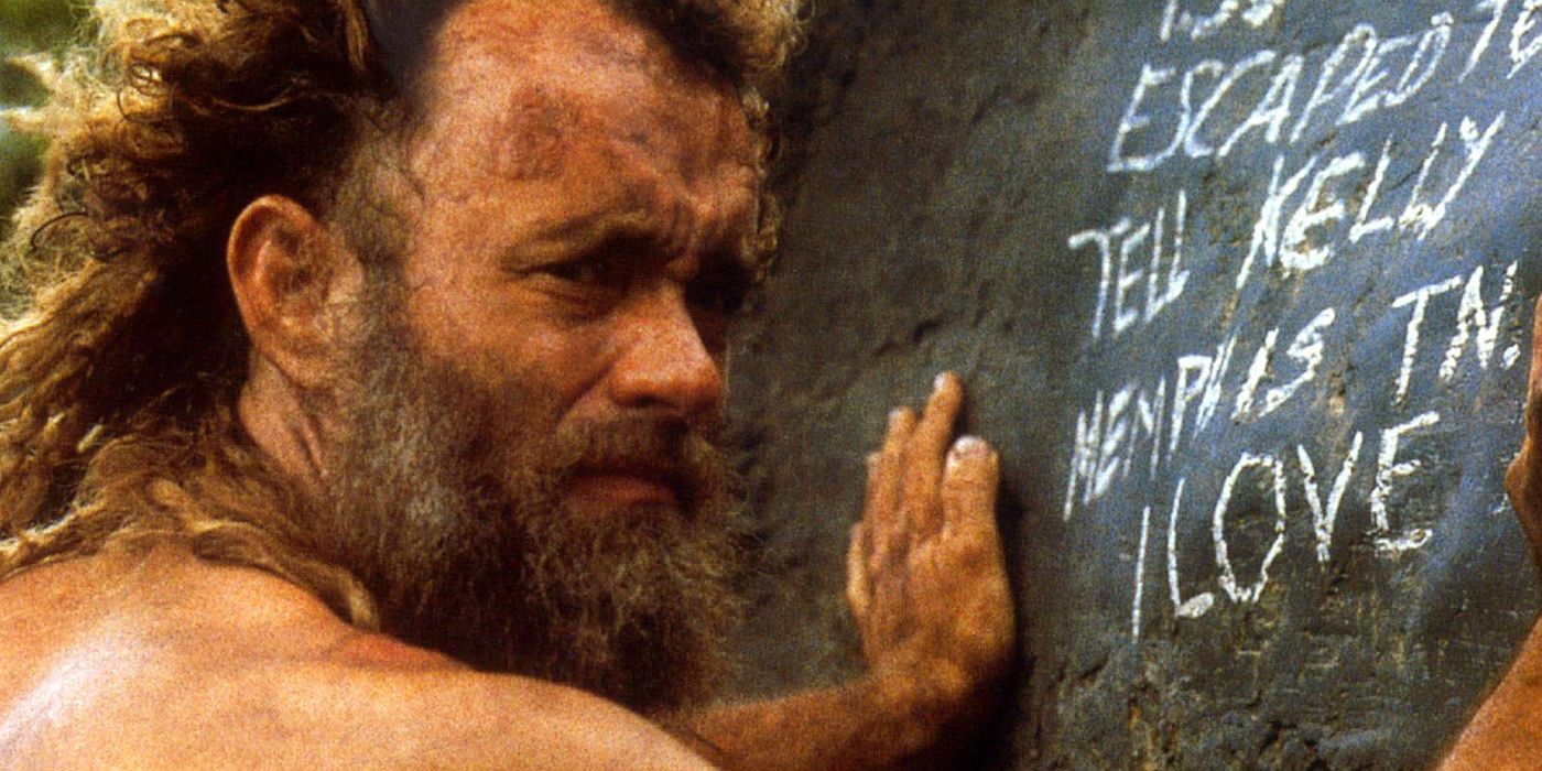 Tom Hanks by the rock carving in Cast Away (2000)