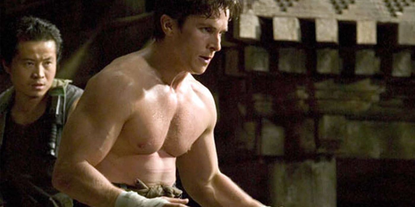 Christian Bale shirtless as Bruce Wayne in Batman Begins
