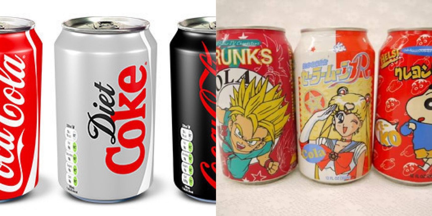 Coke cans alongside Trunks Cola and other anime cans