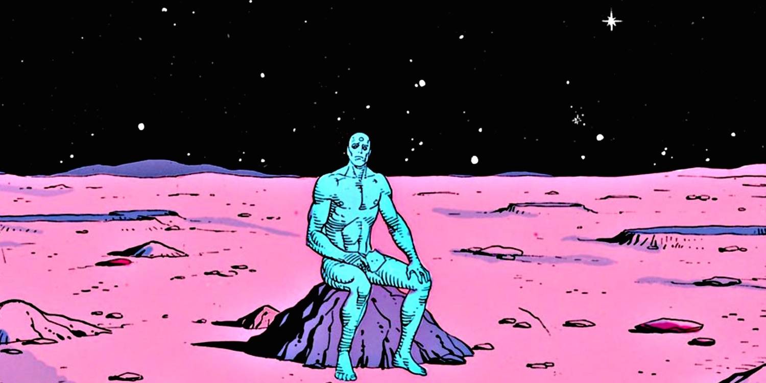 Um Dr. Manhattan nu está sentado na superfície rosa da lua sozinho no quadrinho de Watchmen.