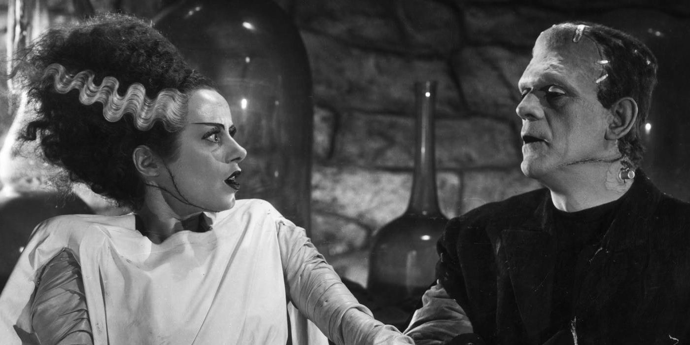 Elsa Lanchester and Boris Karloff looking shocked as the monster and his bride in The Bride of Frankenstein