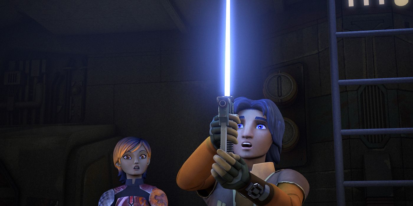 Ezra shows off his new lightsaber in Star Wars Rebels