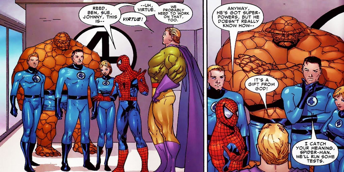 Fantastic Four and the Spider-Man trying to help the moral Man aka Virtue. 