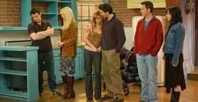 Joey, Phoebe, Rachel, Ross, Chandler, and Monica Standing in the Apartment in the Finale of Friends