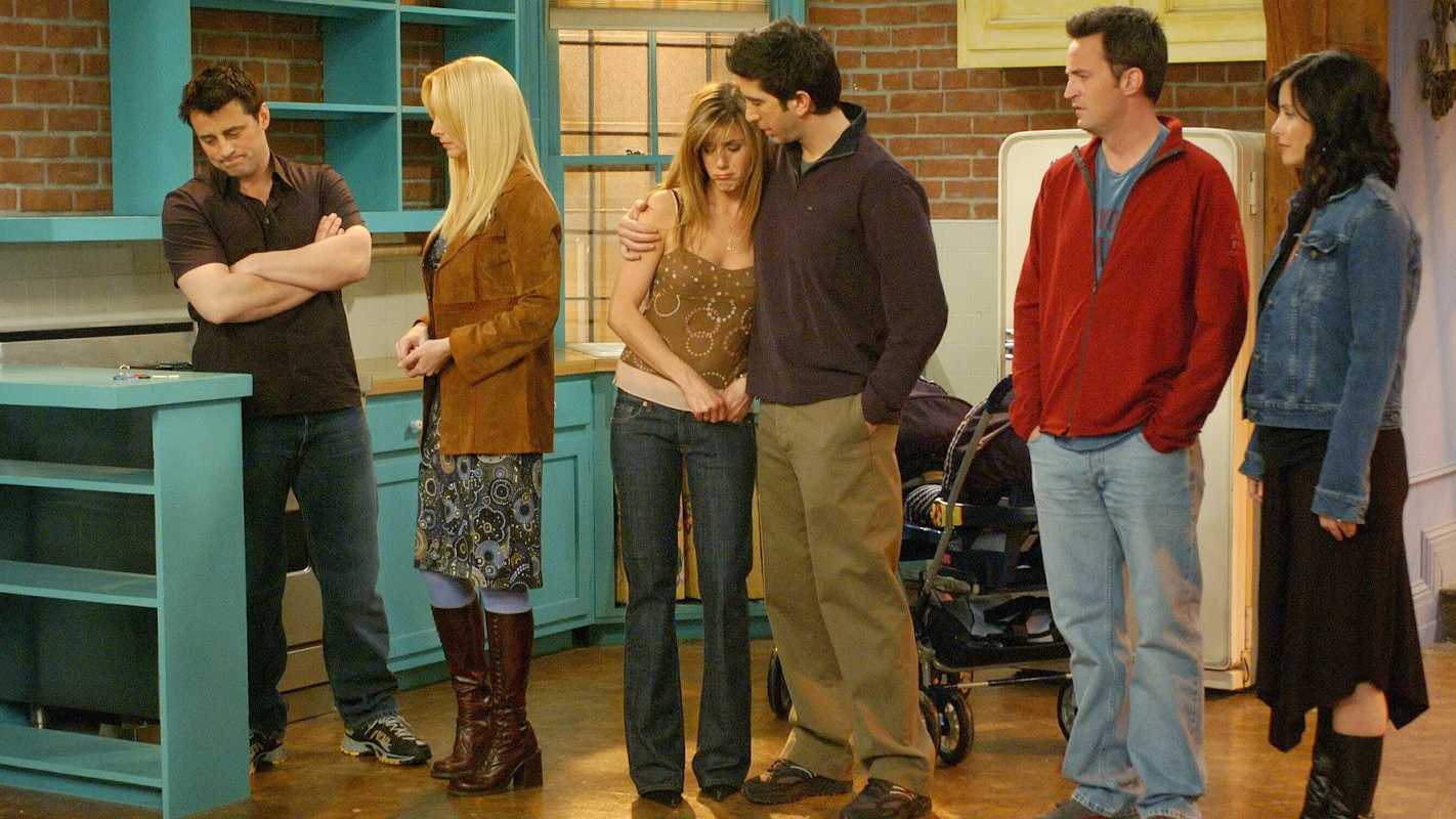 Joey, Phoebe, Rachel, Ross, Chandler, and Monica Standing in the Apartment in the Finale of Friends