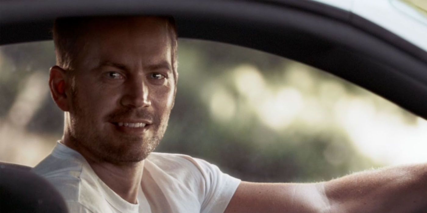 Brian O'Conner behind the wheel of a car at the end of Furious 7