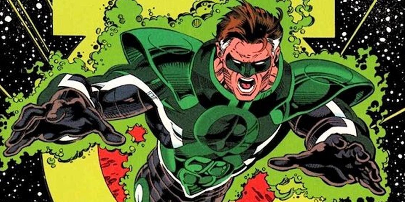 An enraged Hal Jordan flies in outer space in Green Lantern comics.